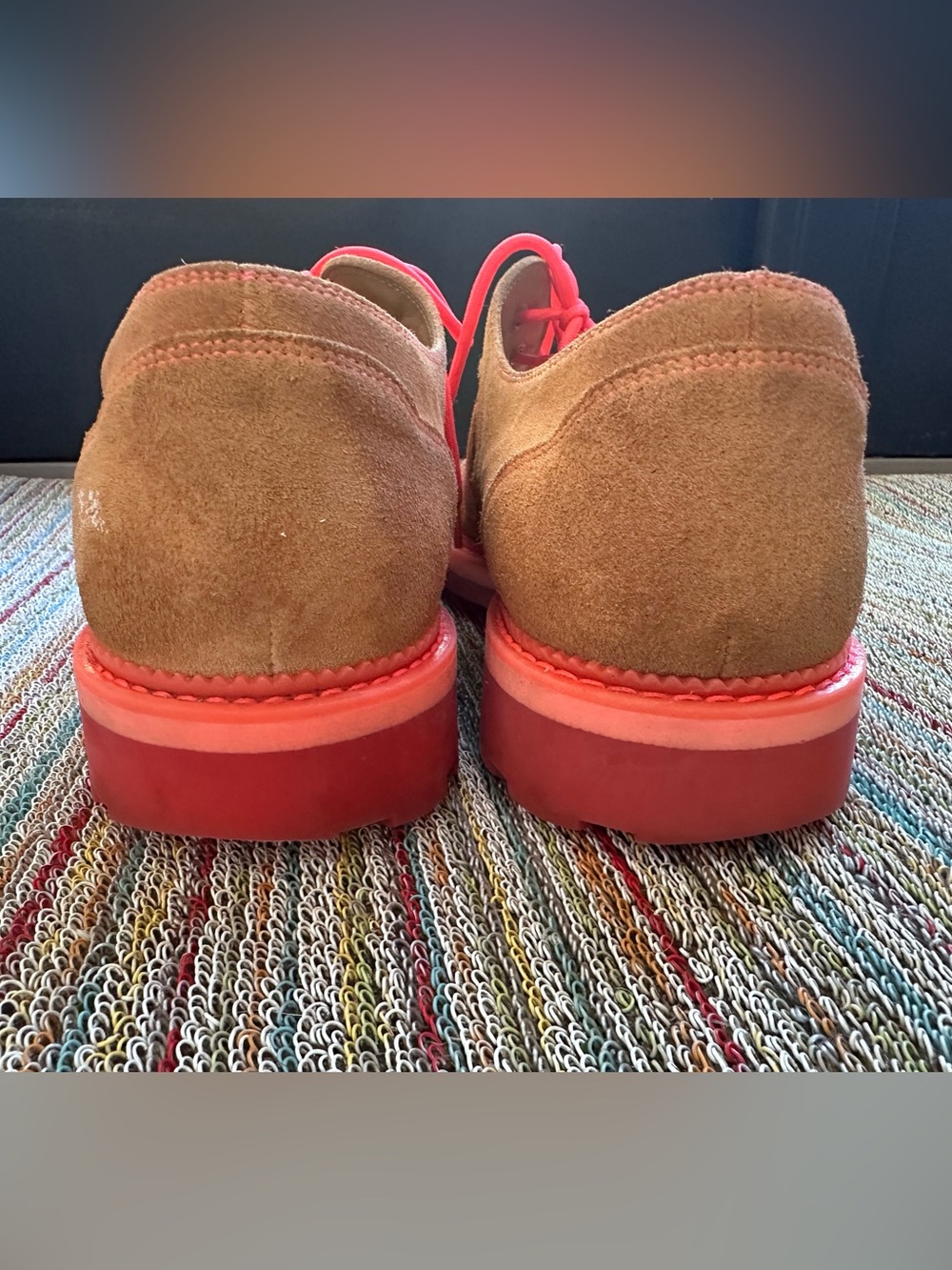 Fluevog 7th Heaven Derby Swirl suede lace-up derby shoe orange/pink -11.5 - Picture 7 of 16